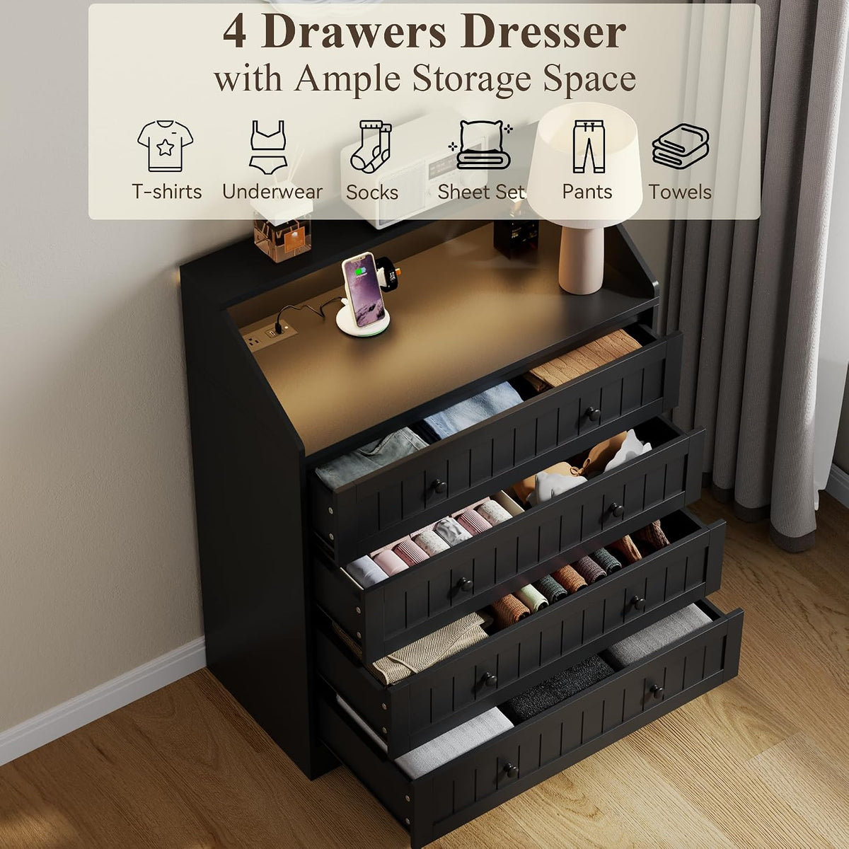 4 Drawer Dresser Bedroom,Chest of Drawers with Charging Station(Black)