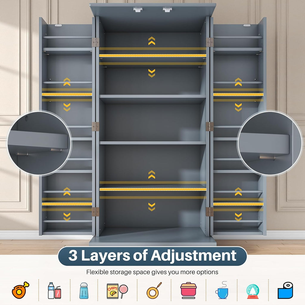 47” Kitchen Pantry Cabinets, Freestanding Kitchen Pantry Storage Cabinet with Doors and Adjustable Shelves, Buffet Cupboards Storage Cabinet for Home Office Use (Grey)