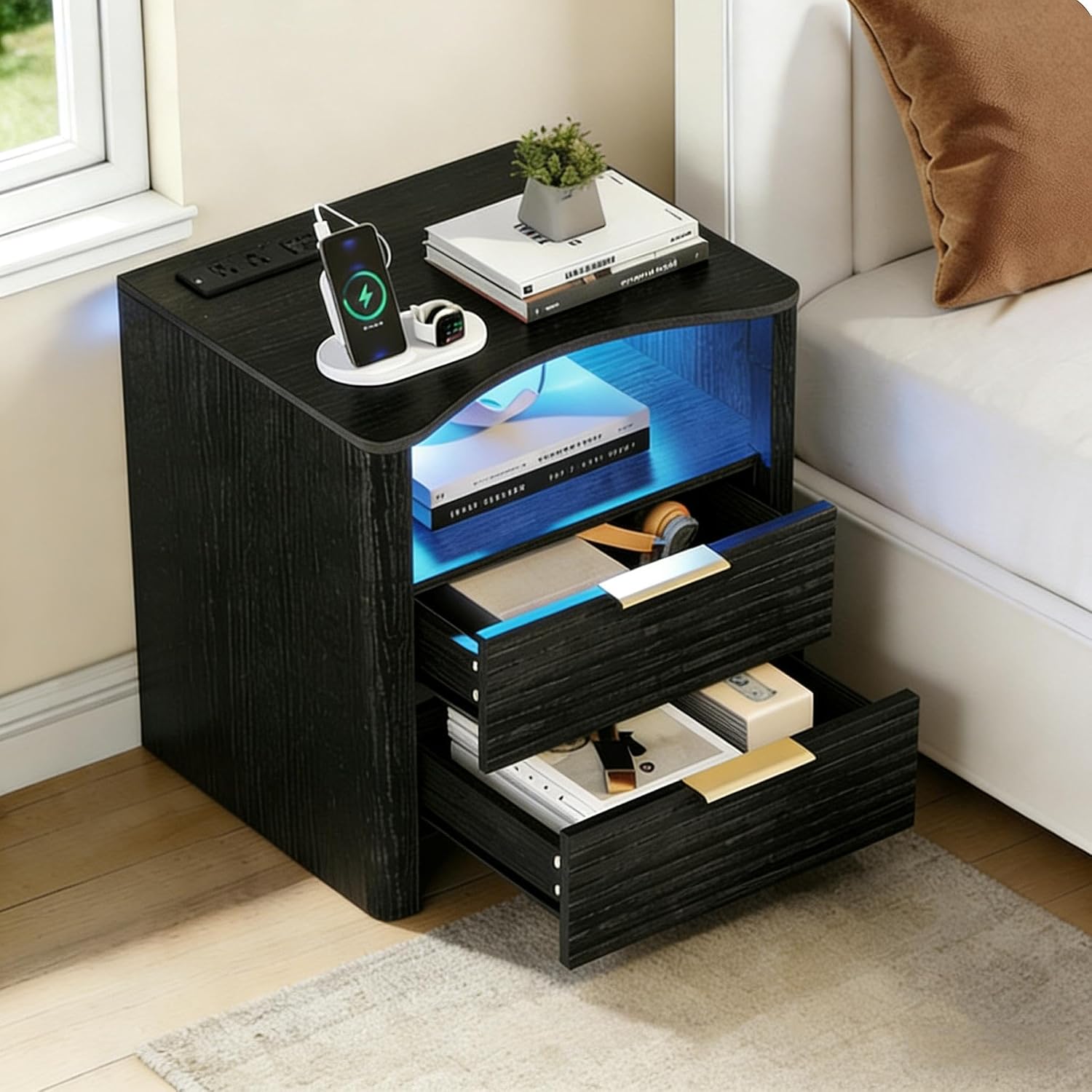 Night Stand with Charge Station Set of 2, Black Nightstand with Led Light, Modern Bedside Table with 2 Drawers and Open Storage Shelf, Fluted End Table for Bedroom, Living Room, Office (2, Black)