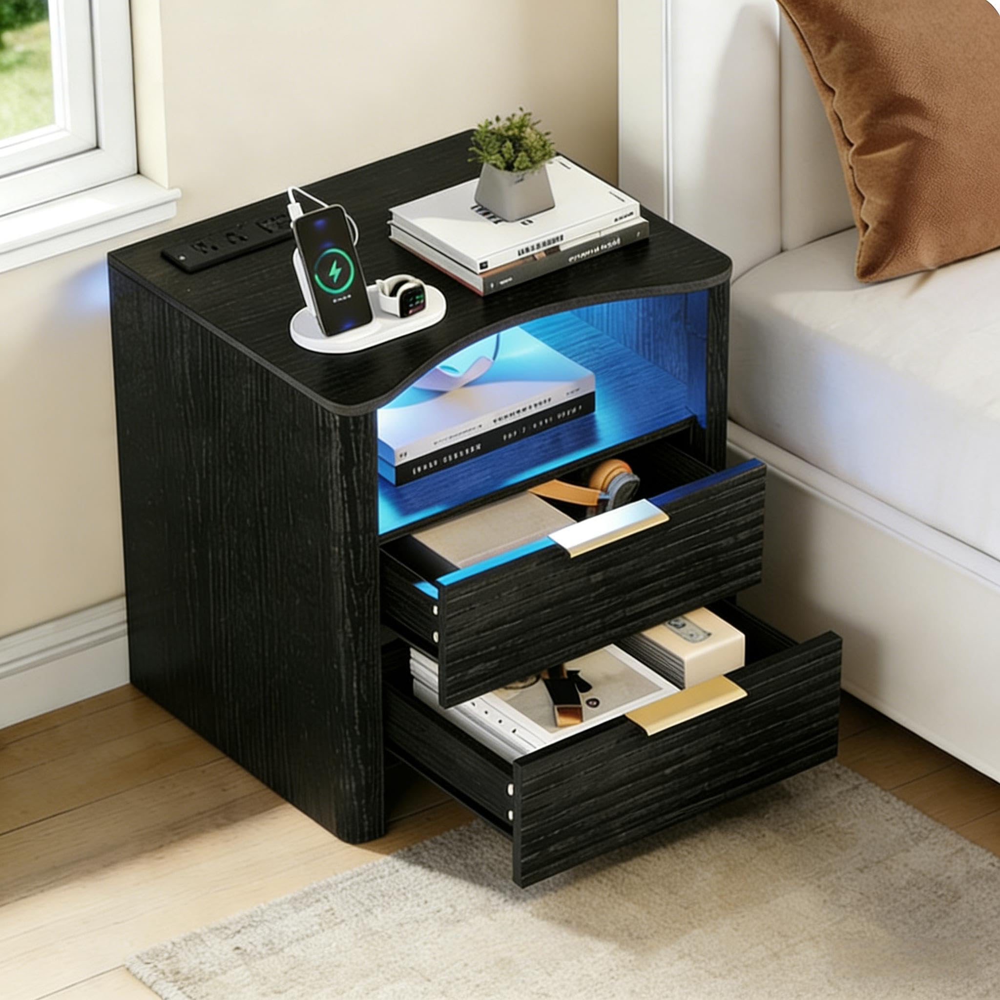 Night Stand with Charge Station Set of 2, Black Nightstand with Led Light, Modern Bedside Table with 2 Drawers and Open Storage Shelf, Fluted End Table for Bedroom, Living Room, Office (2, Black)
