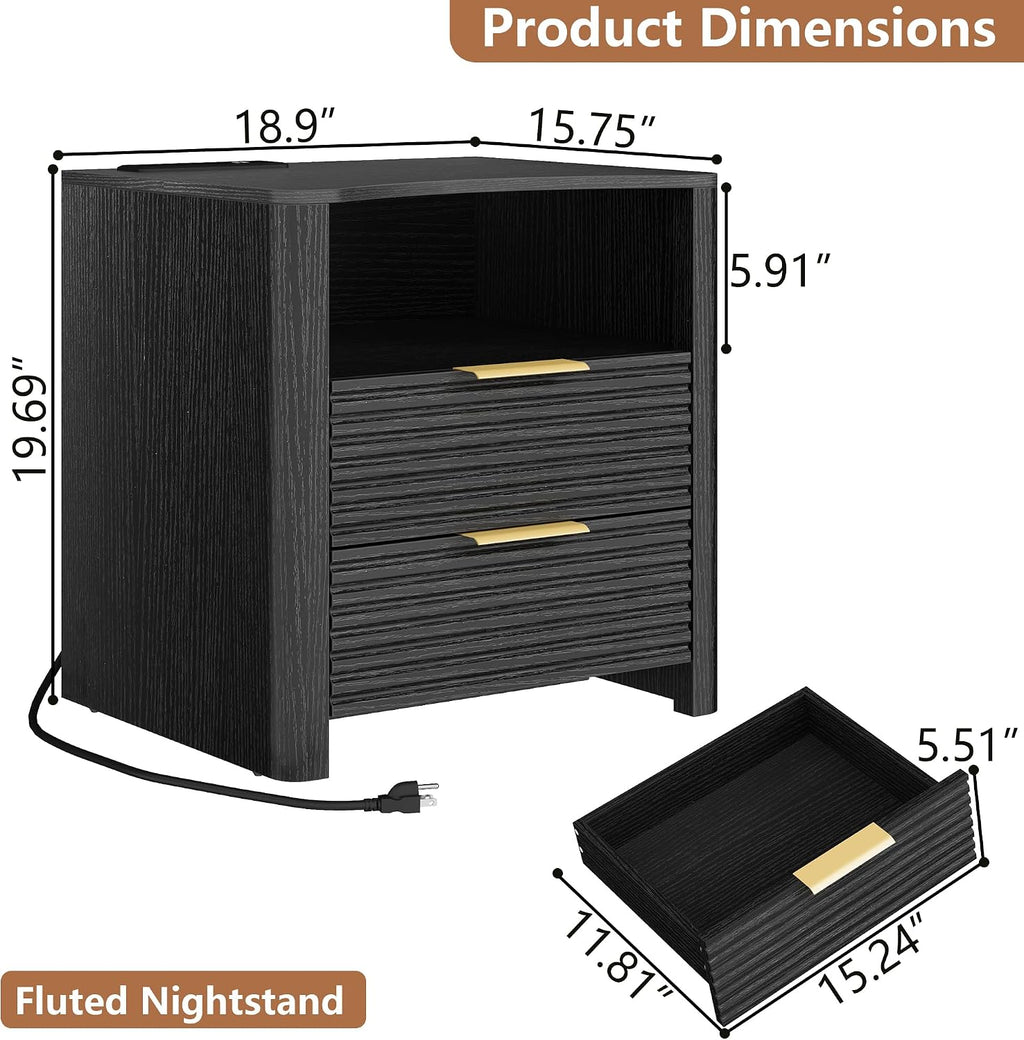 Night Stand with Charge Station Set of 2, Black Nightstand with Led Light, Modern Bedside Table with 2 Drawers and Open Storage Shelf, Fluted End Table for Bedroom, Living Room, Office (2, Black)