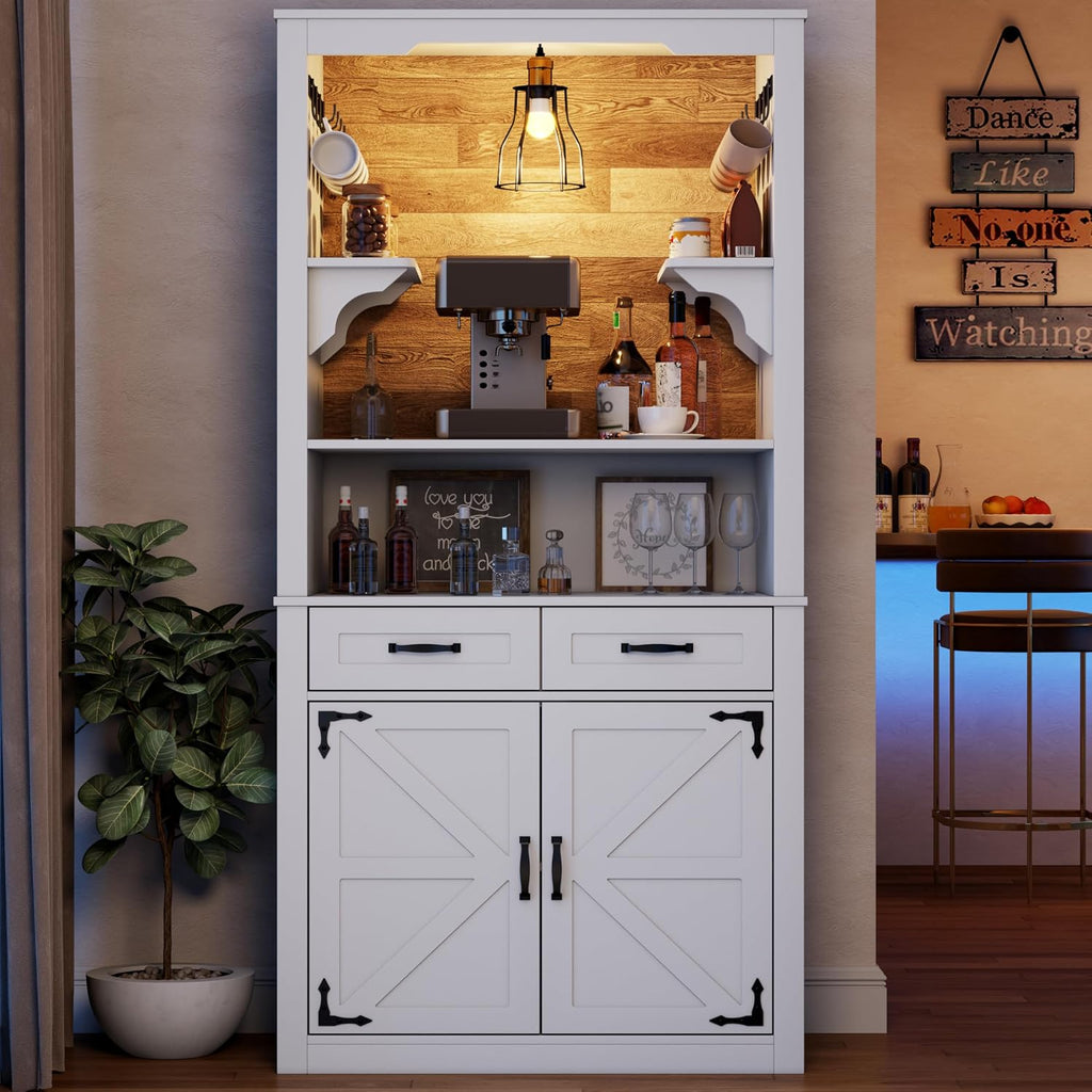 Farmhouse Coffee Bar Cabinet with Led Light - 70.8'' Tall Coffee Hutch Cabinet with Storage Drawers & Hooks, White Buffet Sideboard Cabinet with Microwave Stand, Wine Bar Cabinet for Home Pub, Kitchen