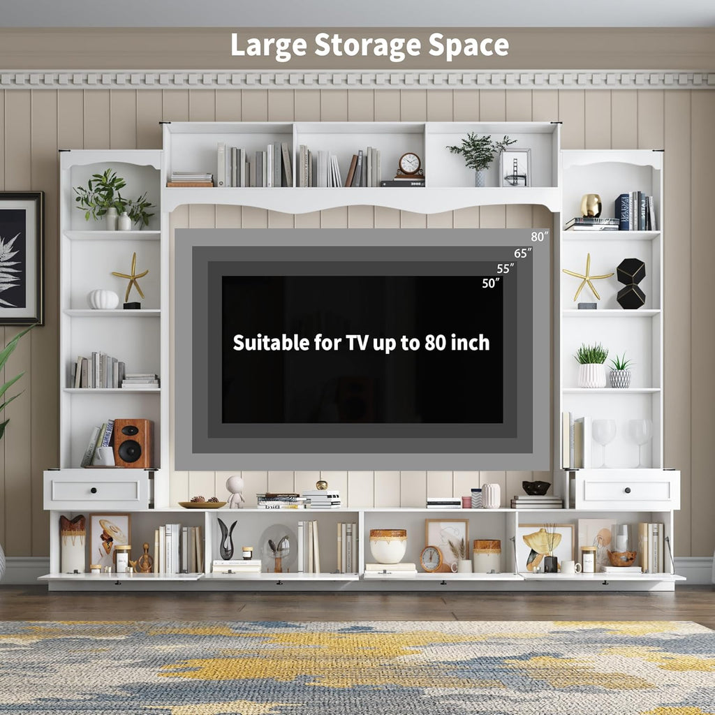 Loomie 104" W Wall Unit TV Stand with Storage for TVs up to 80", Large Farmhouse Wall Unit Entertainment Center with Bridge & Bookshelves, Tall TV Console Table Media Center for Living Room (White)