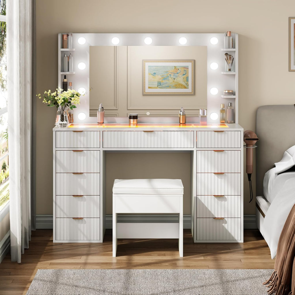 Vanity Desk with Glass Top and 11 LED Bulbs,Makeup table with Large Mirror & Power Outlet,Hair Dryer Holder,Dressing Table with 11 Drawers & Cushioned Stool for Women and Girls,Bedroom (White)