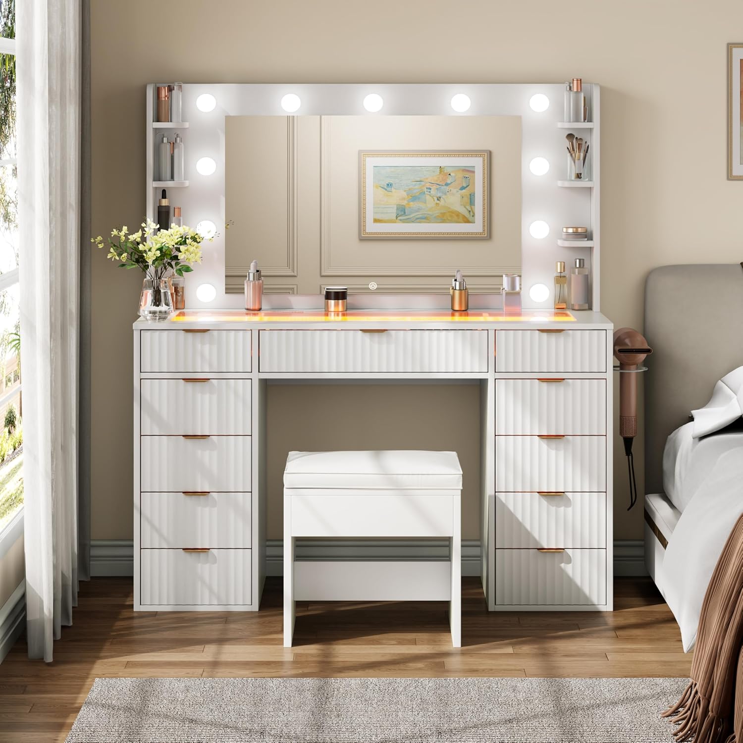 Vanity Desk with Glass Top and 11 LED Bulbs,Makeup table with Large Mirror & Power Outlet,Hair Dryer Holder,Dressing Table with 11 Drawers & Cushioned Stool for Women and Girls,Bedroom (White)