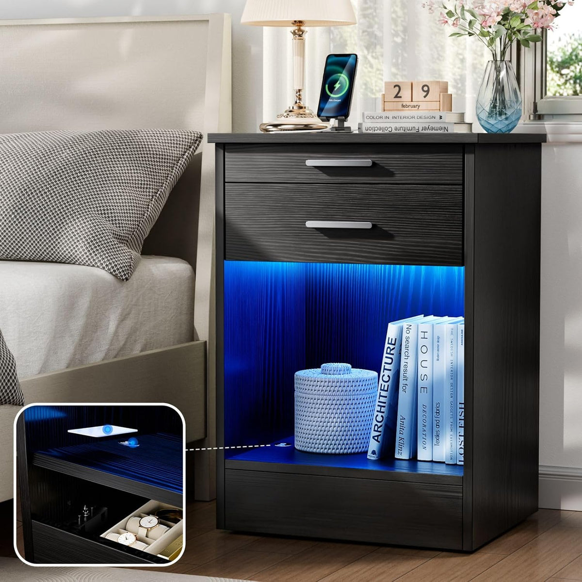 Loomie Black Nightstand with RFID Lock Cabinet & Wireless Charging Station