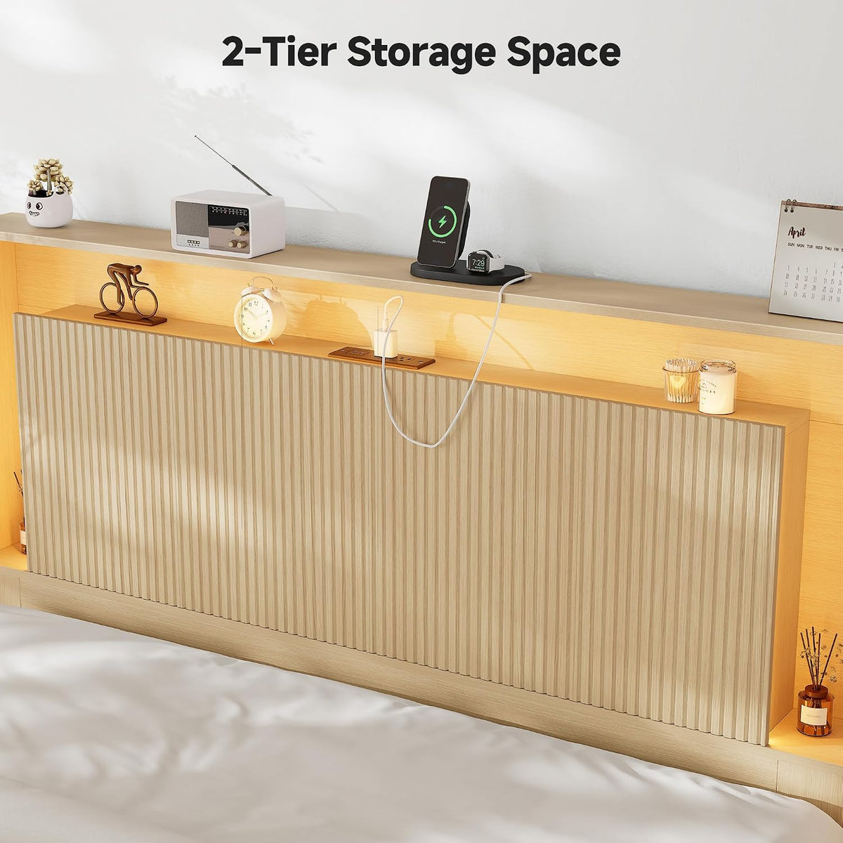 Queen Size Headboard Only w/Storage,Headboard w/Charging Station &LED Light