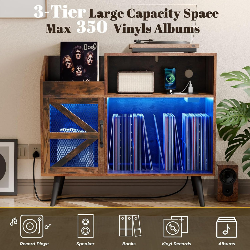 Large Rustic Record Player Stand with Magnetic Door,350 Vinyl Record Storage Cabinet, Record Player Table with Power Outlet and LED Light,Turntable Stand with Wood Legs for Living Room