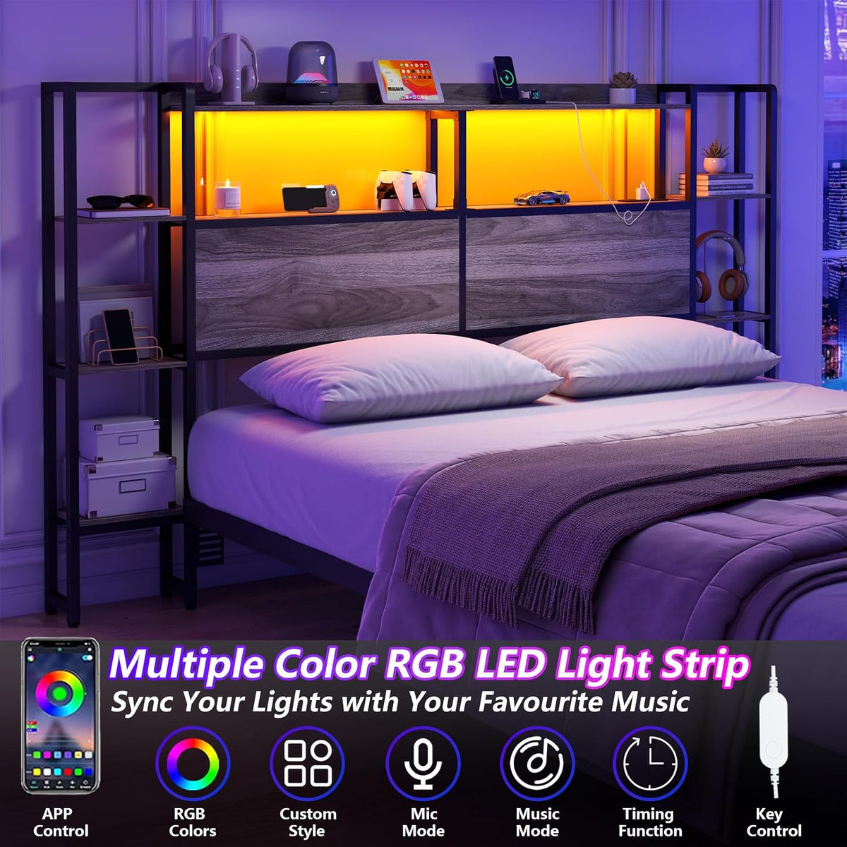 Loomie Headboard for Queen Size Bed with Storage, Headboards with LED Lights & Charging Station, Queen Size Head Board Only with Side 3-Tier Shelves & Bed Adapter for Bedroom,Height Adjustable