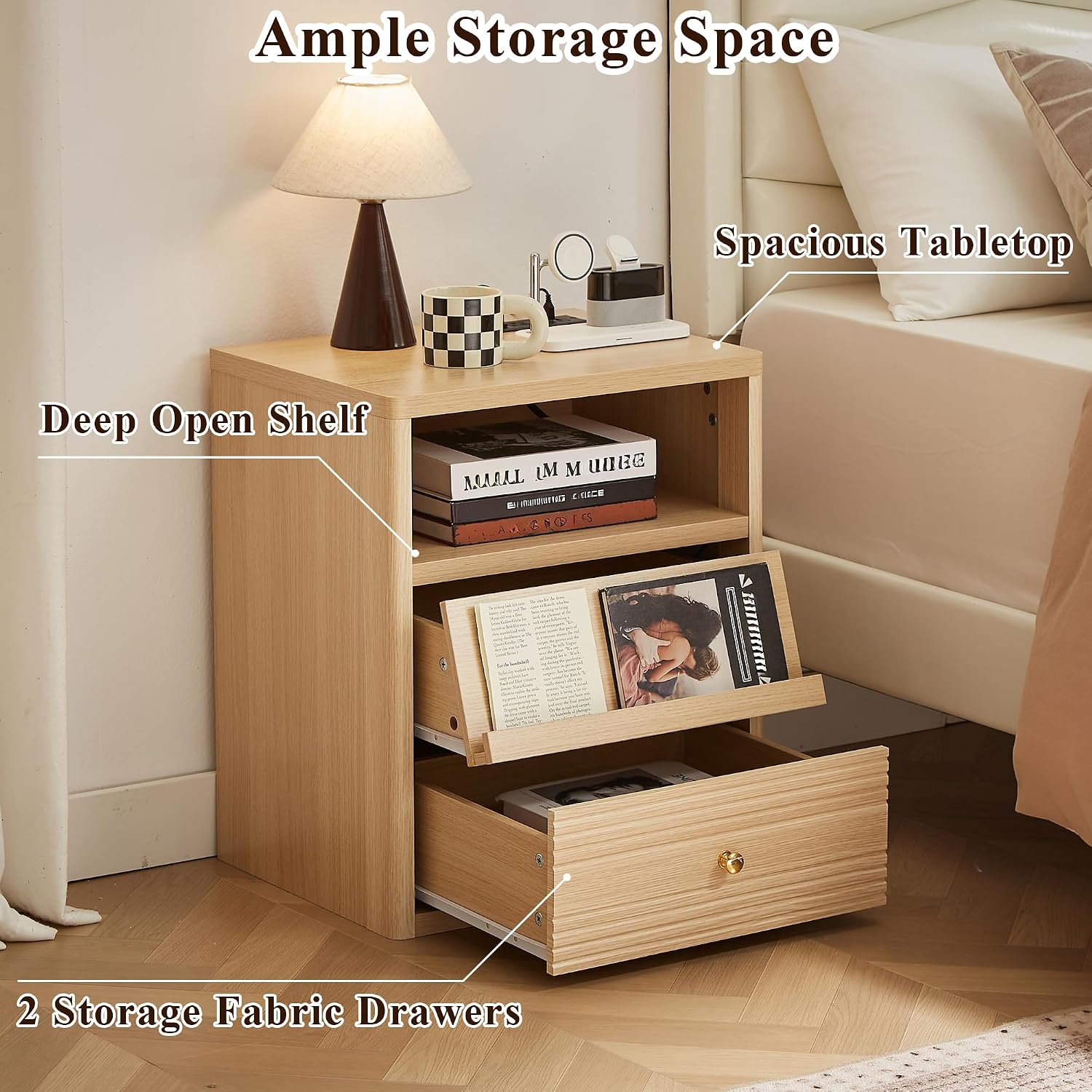 Gyfimoie Nightstand with Charging Station, End Table wiht LED Lights, Bedside Table with 2 Drawer, Night Stand with Open Shelf, Bedside Table for Bedroom