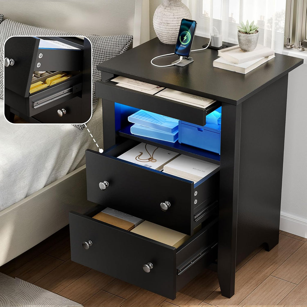 Nightstand w/Gun Drawer, Black Night Stand w/Charging Station & LED Lights