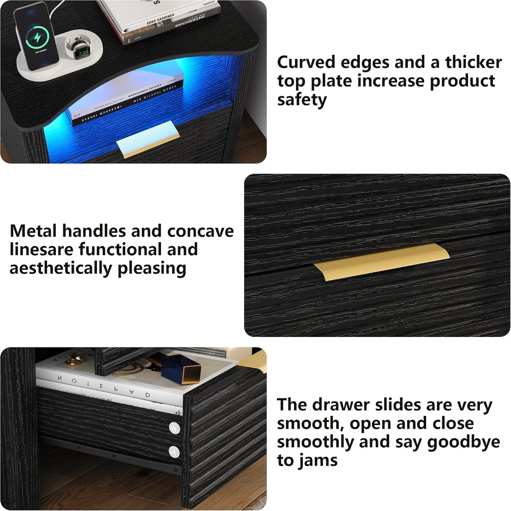 Night Stand with Charge Station Set of 2, Black Nightstand with Led Light, Modern Bedside Table with 2 Drawers and Open Storage Shelf, Fluted End Table for Bedroom, Living Room, Office (2, Black)