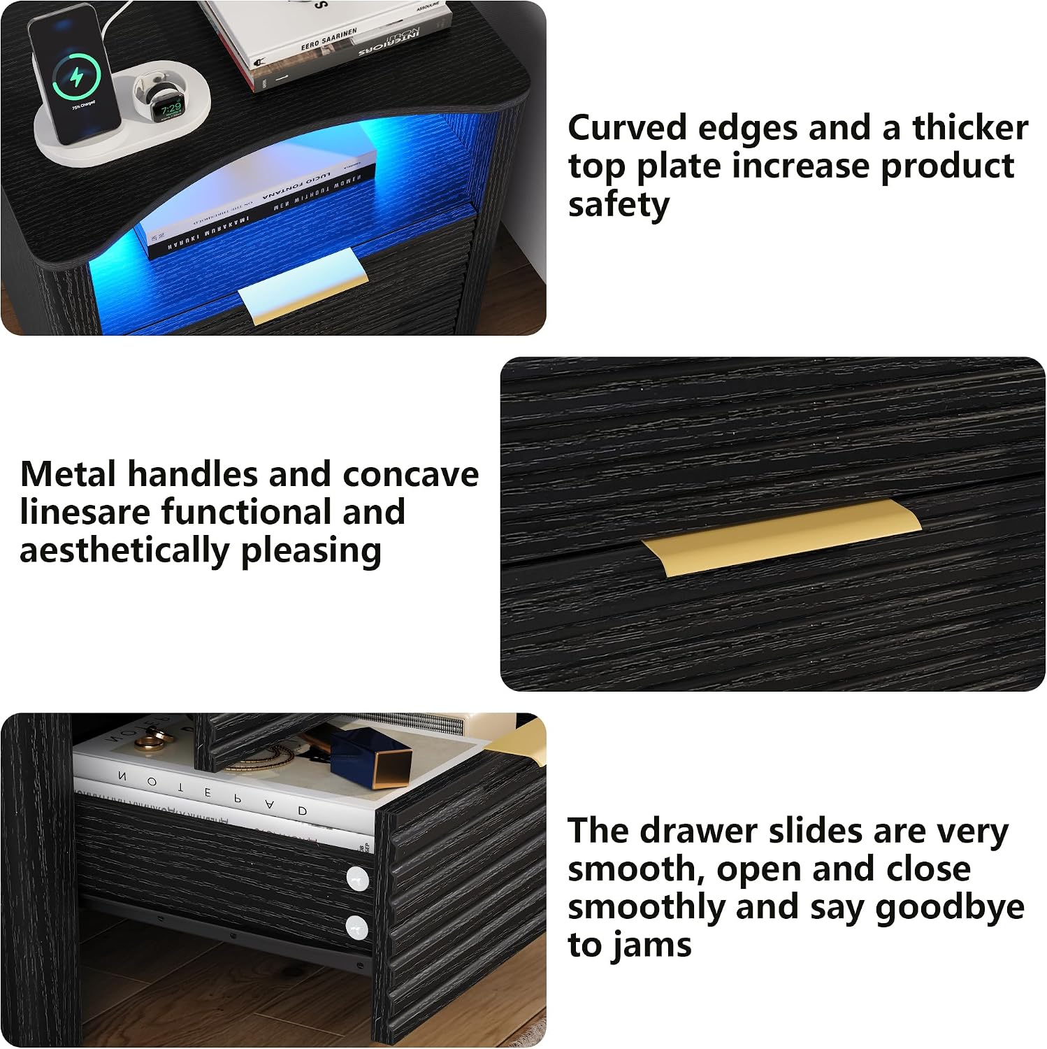 Night Stand with Charge Station Set of 2, Black Nightstand with Led Light, Modern Bedside Table with 2 Drawers and Open Storage Shelf, Fluted End Table for Bedroom, Living Room, Office (2, Black)