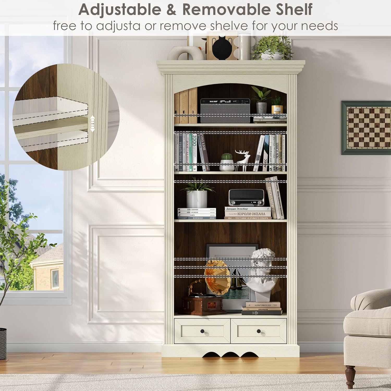 Gyfimoie 71’’ Tall Arched Bookcase with Stroage, Farmhouse 5-Tier Arch Bookshelf with Drawers, Freestanding Book Shelf with Adjustable Shelf and Roman Column Pattern for Home Office (1, White)