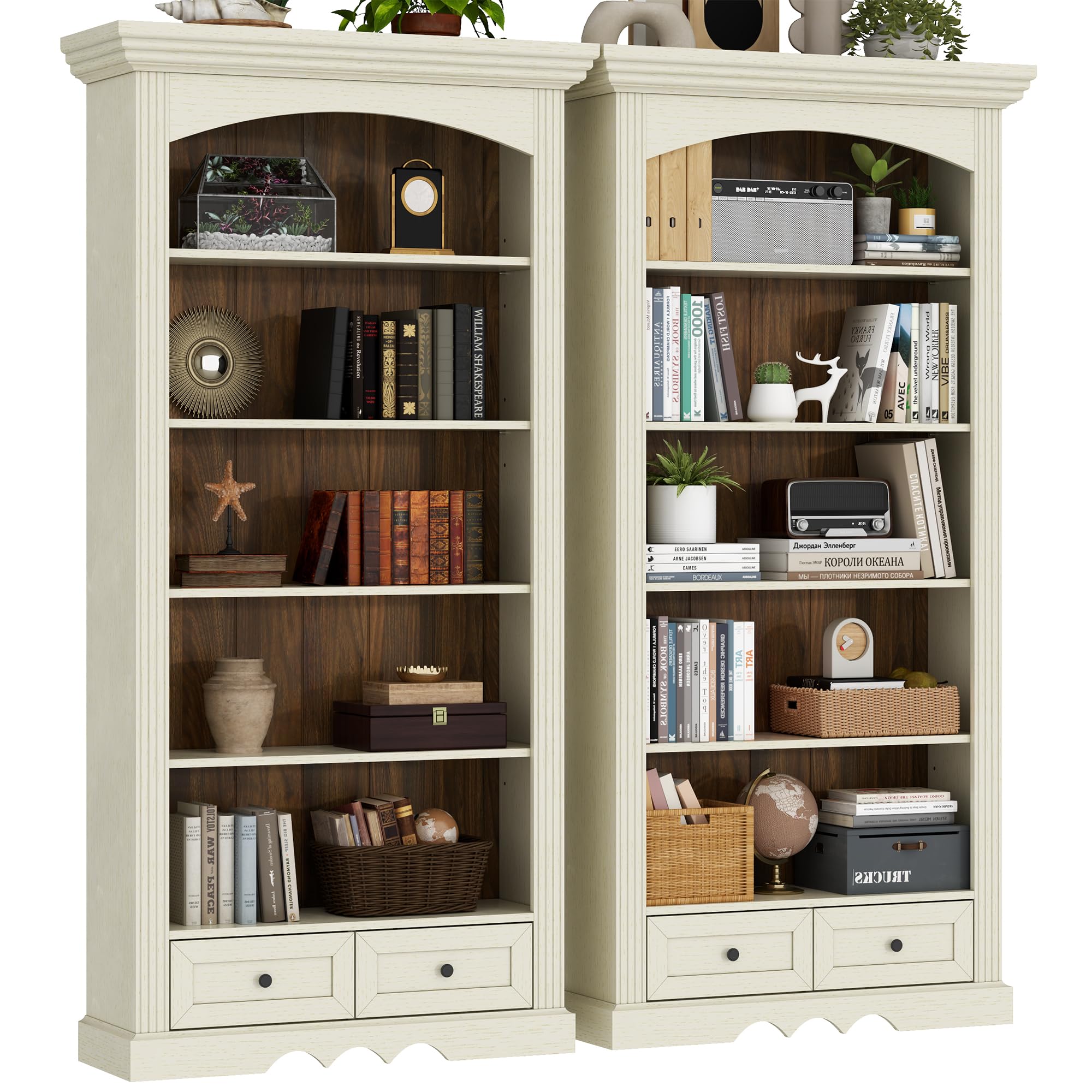 Gyfimoie 71’’ Tall Arched Bookcase with Stroage, Farmhouse 5-Tier Arch Bookshelf with Drawers, Freestanding Book Shelf with Adjustable Shelf and Roman Column Pattern for Home Office (1, White)