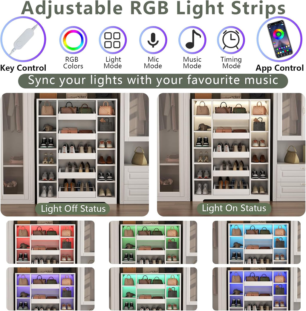 Auromie Shoe Storage Cabinet with 5 Drawers & 12 Shelves, Modern LED Shoe Rack & Handbag Storage Cabinet, Freestanding Shoes and Handbag Storage Organizer for Closet, Entryway, Living Room (White)