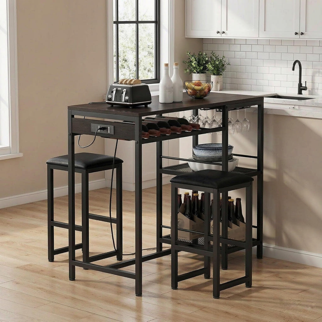 36"W Bar Table and Chairs Set of 2 with Power Outlet & 2 Shelves (Walnut)