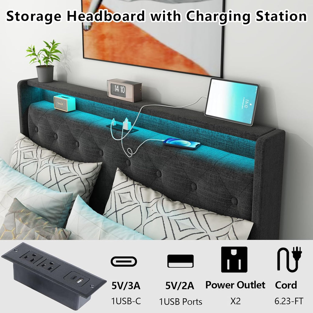 Full Lift Up Storage Bed Frame w/Charging Station & LED Lights, Dark Grey