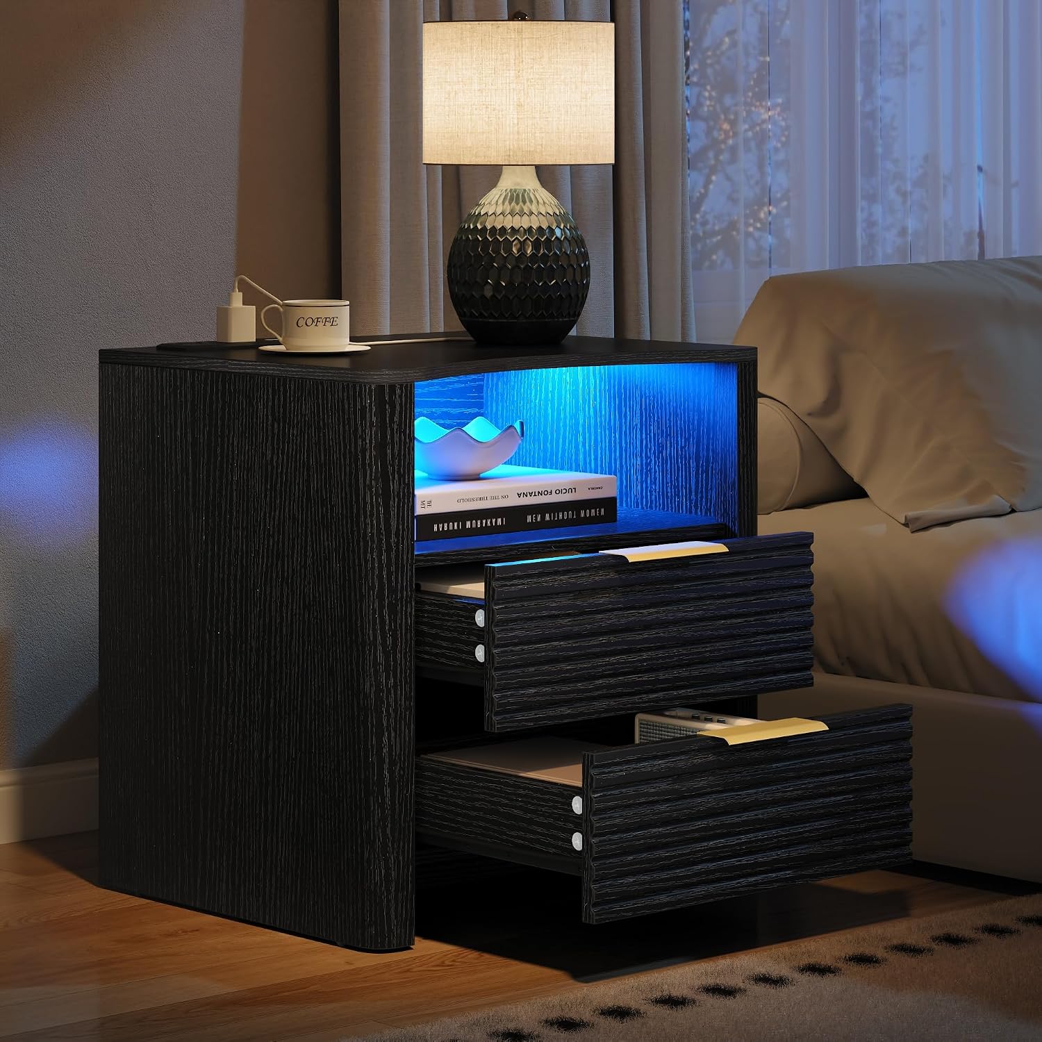 Night Stand with Charge Station Set of 2, Black Nightstand with Led Light, Modern Bedside Table with 2 Drawers and Open Storage Shelf, Fluted End Table for Bedroom, Living Room, Office (2, Black)