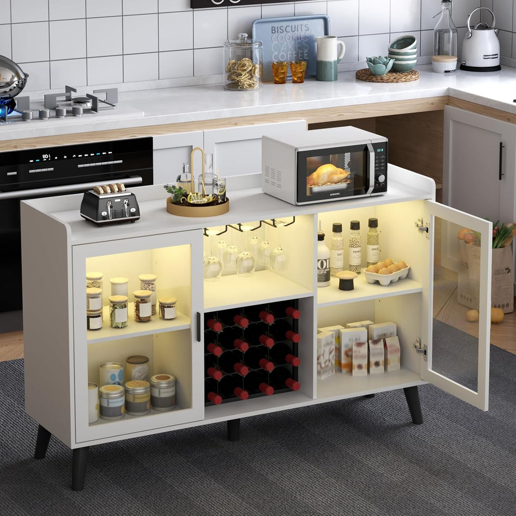 Loomie Wine Bar Cabinet with LED Light, Home Coffee Cabinet with Wine Rack and Glass Holder, Kitchen Buffet Sideboard W Storage Shelf, Freestanding Liquor Cabinet for Living Room, Dining Room (White)