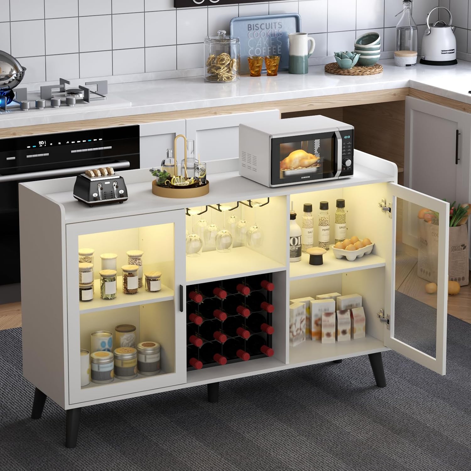 Loomie Wine Bar Cabinet with LED Light, Home Coffee Cabinet with Wine Rack and Glass Holder, Kitchen Buffet Sideboard W Storage Shelf, Freestanding Liquor Cabinet for Living Room, Dining Room (White)