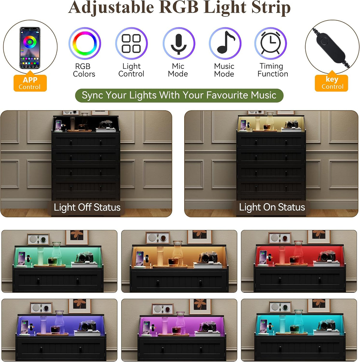 Black 5 Drawer Dresser for Bedroom, Chest of Drawers with Outlet & LED