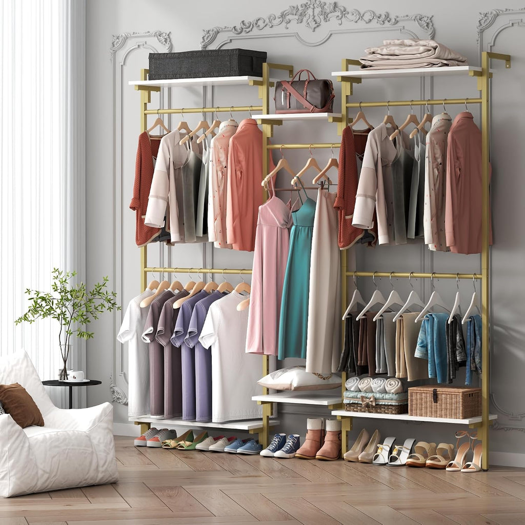 Loomie 79" Wall-Mounted Clothes Rack with Adjustable Shelf, Gold Clothing Rack with 5 Metal Hanging Rods and 6-Tier Shelves, Heavy-Duty Garment Rack Closet Organizer System in Wardrobe Closet