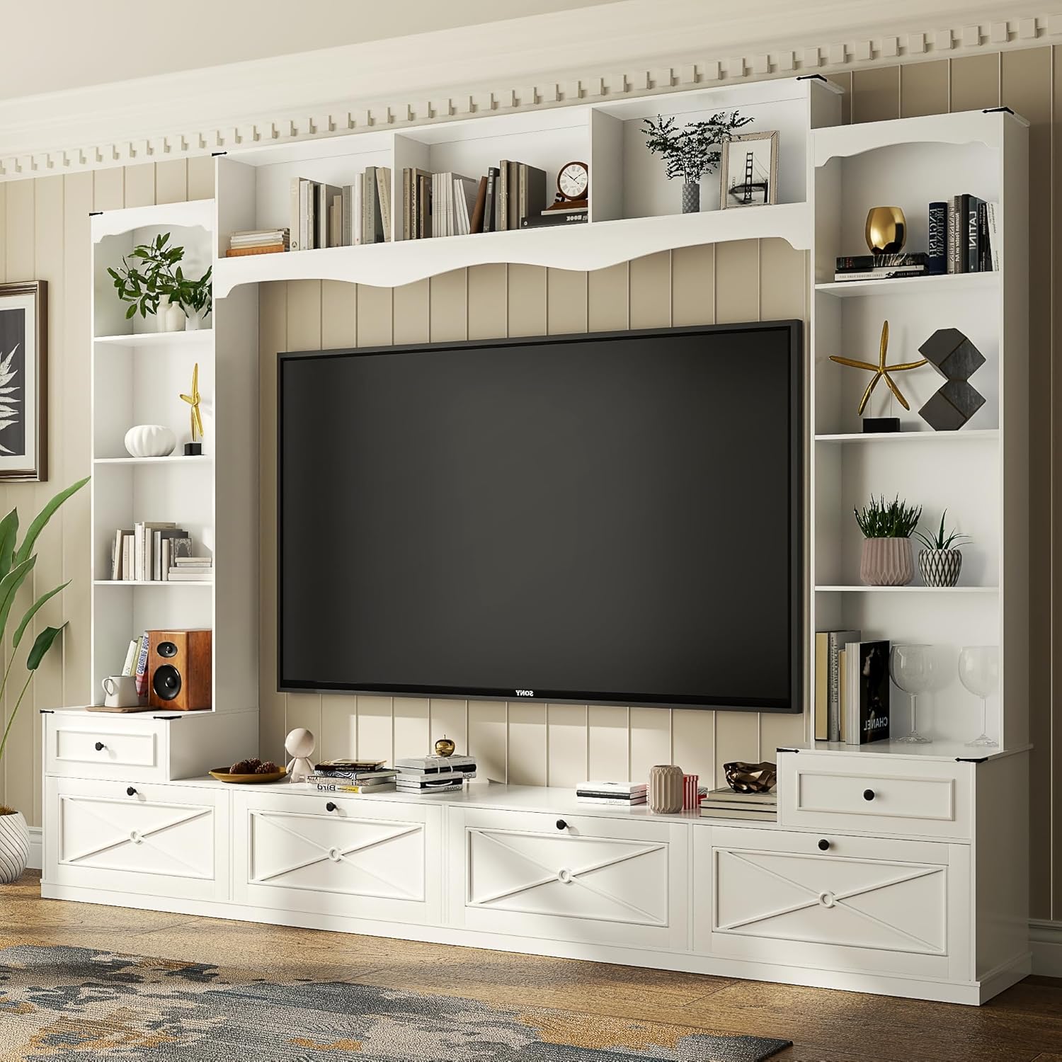 Loomie 104" W Wall Unit TV Stand with Storage for TVs up to 80", Large Farmhouse Wall Unit Entertainment Center with Bridge & Bookshelves, Tall TV Console Table Media Center for Living Room (White)