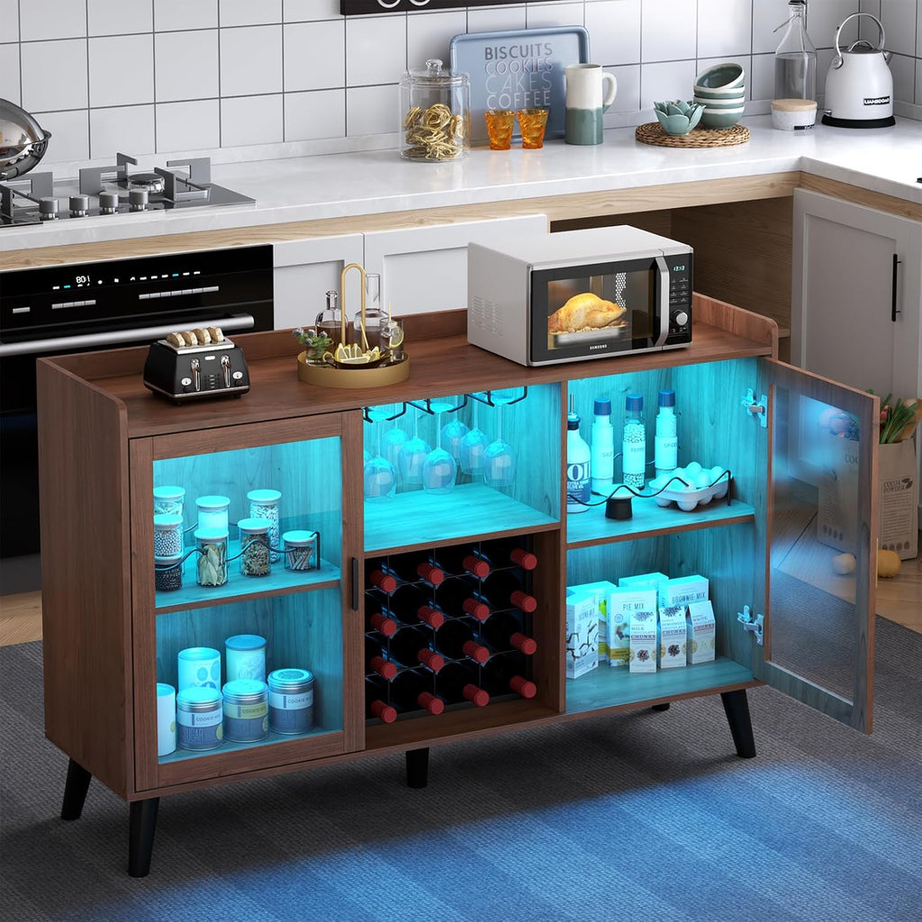 Loomie Wine Bar Cabinet with LED Light, Home Coffee Cabinet with Wine Rack and Glass Holder, Kitchen Buffet Sideboard W Storage Shelf, Freestanding Liquor Cabinet for Living Room, Dining Room (Walnut)