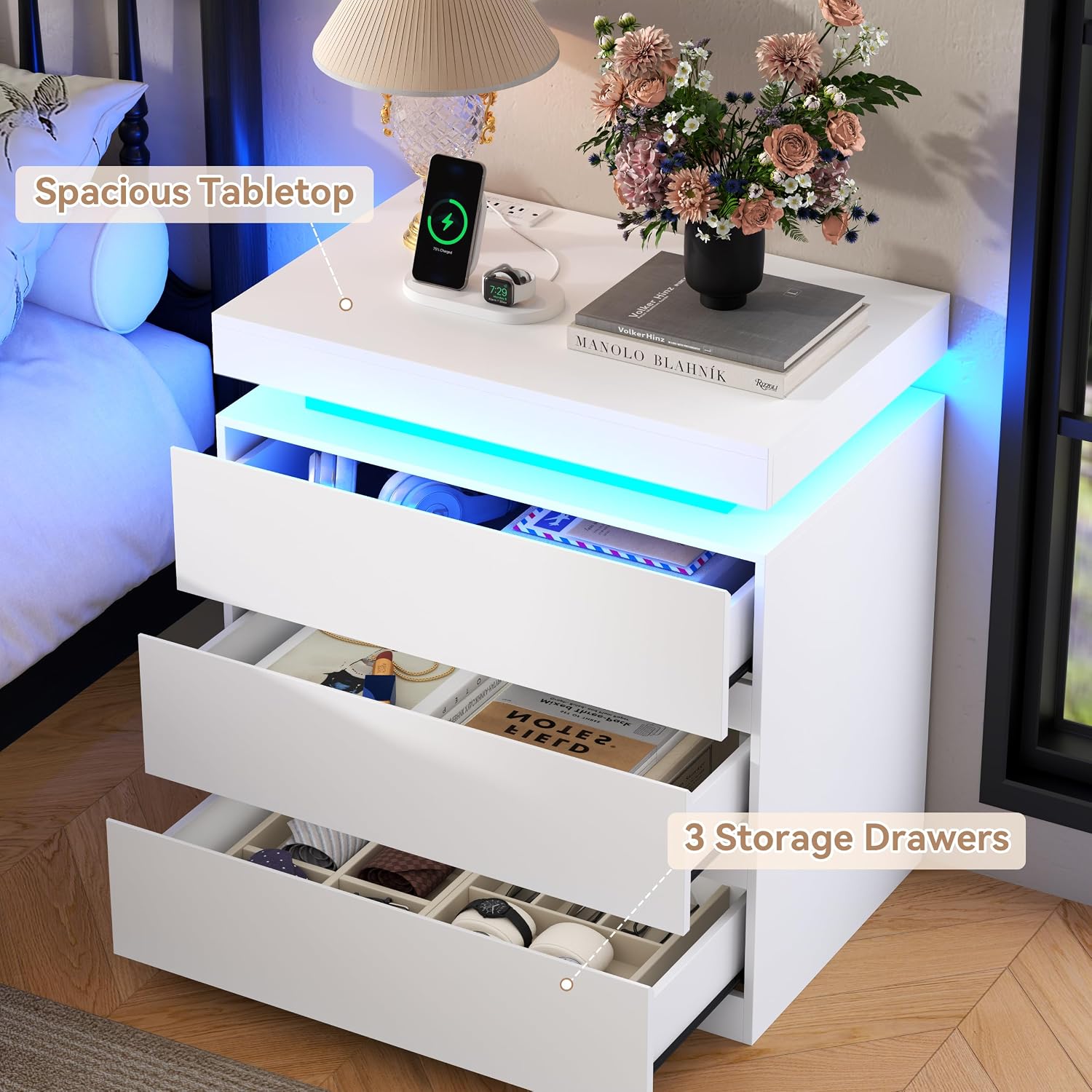 White Nightstand with Charging Station and LED Light, Night Stand with 3 Storage Drawers, Modern Bedside Table for Bedroom, End Side Table for Living Room (White, 1 Piece)
