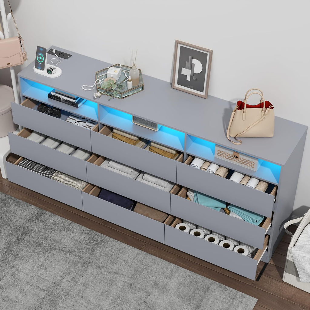 63"Wide 9 Drawer Dresser for Bedroom with LED Lights & Power Outlet