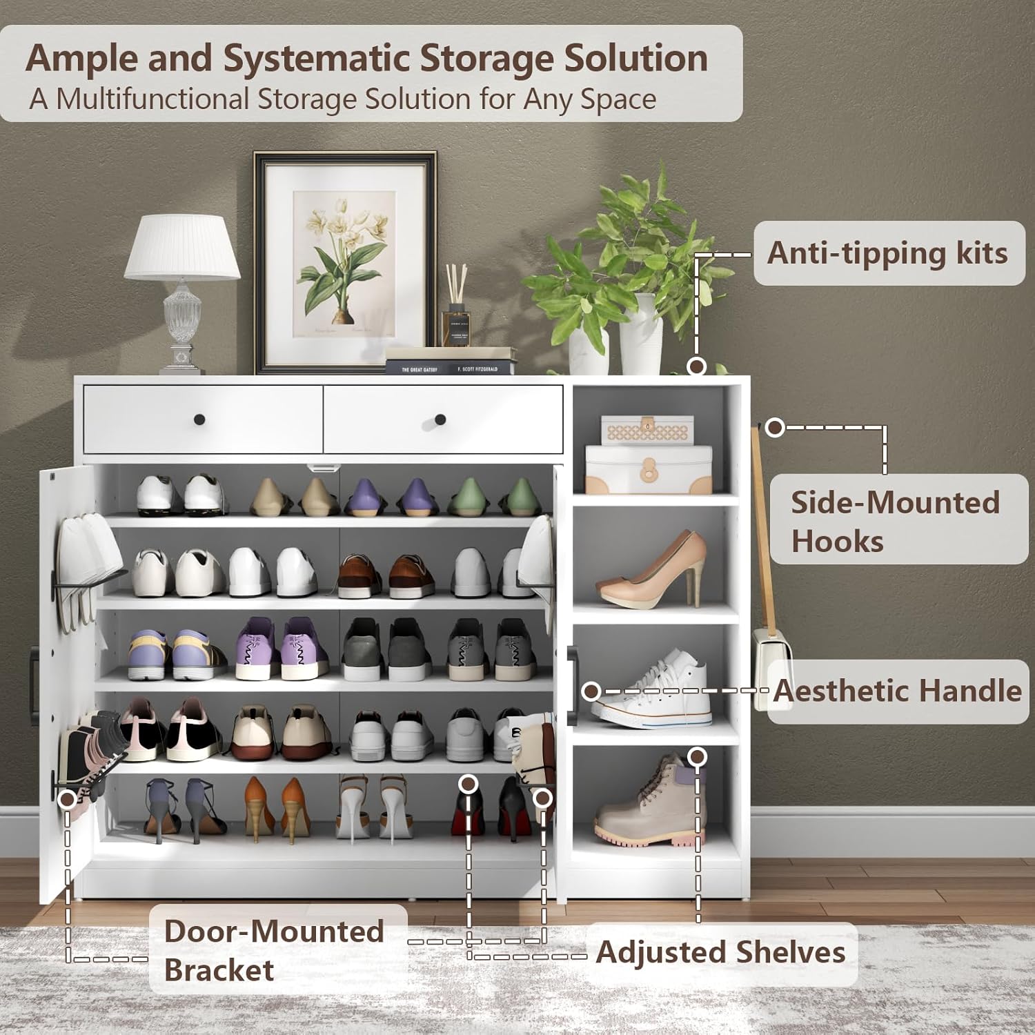 Loomie 5-Tier Shoe Cabinet with 4 Side Cubbies, Farmhouse Shoe Rack Cabinet with 6 Adjustable Shelves & 2 Drawers, Freestanding Shoe Storage Cabinet with 4 Brackets & 2 Hooks for Entryway (White)