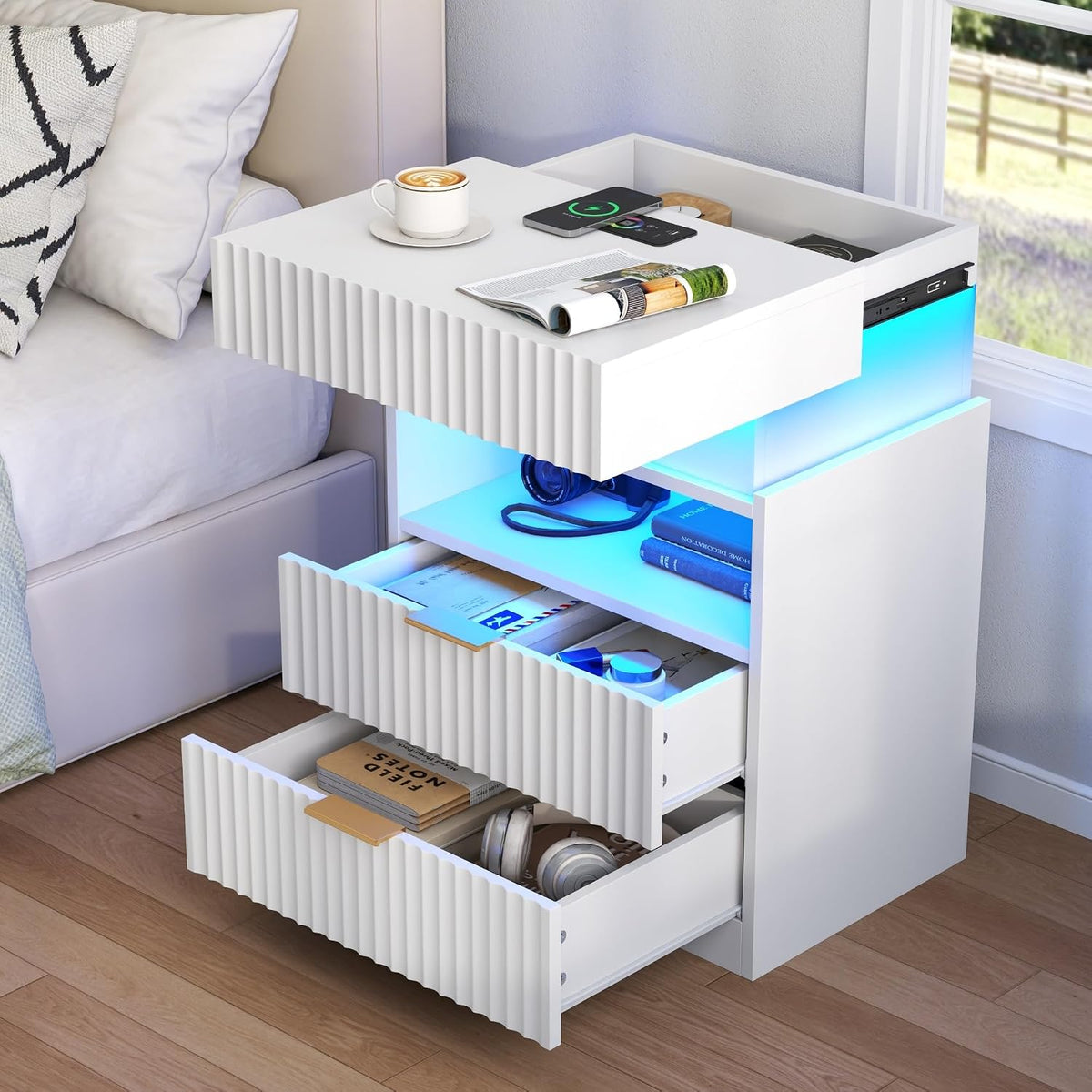 Night Stand with Wireless Charging Station, White Bedside Table with Hidden Gun Drawer & LED Lights, Modern End Table with 2 Drawers, Fluted Nightstands with Open Storage Shelf for Bedroom