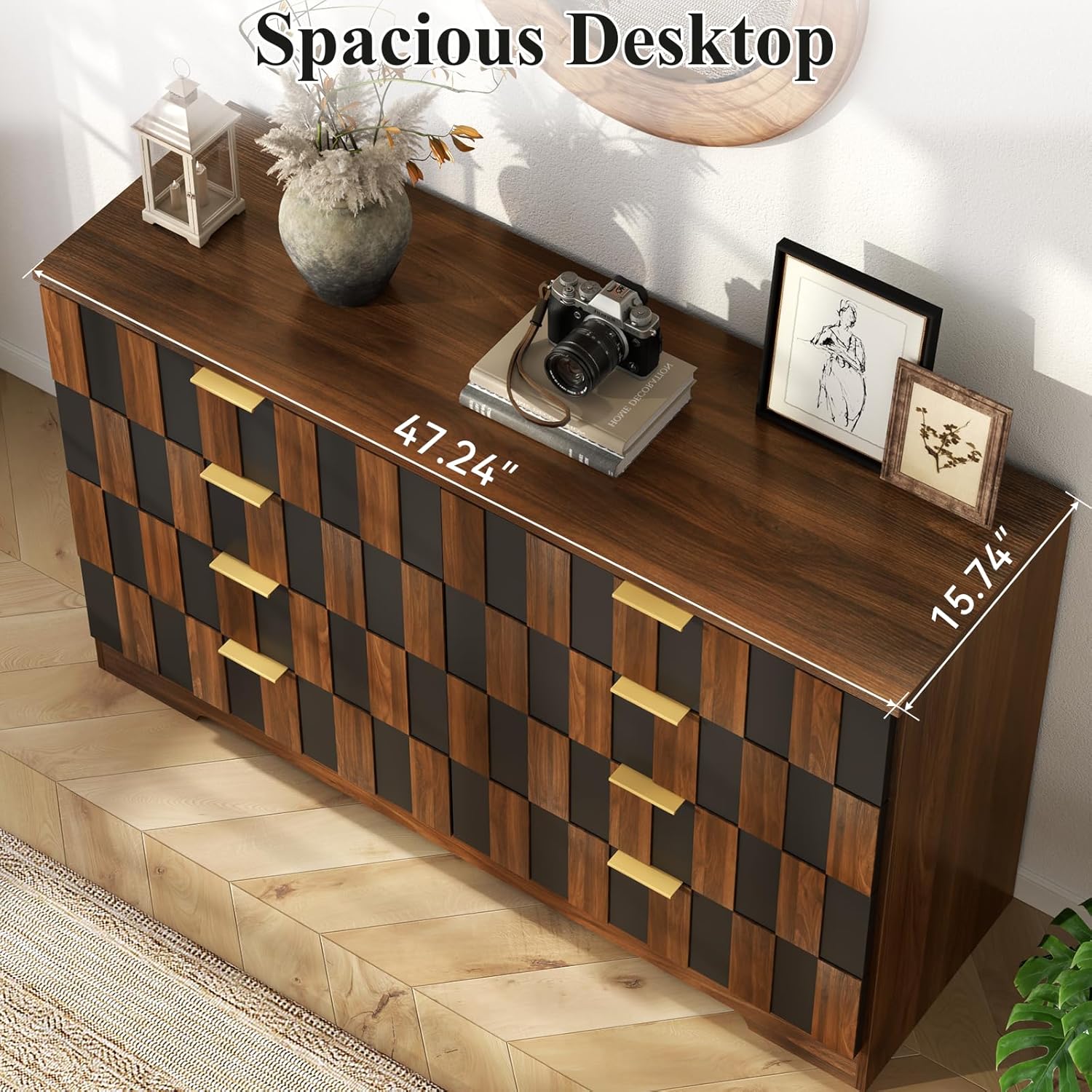 Loomie 8 Drawer Dresser for Bedroom, 47" Wide Chest of Drawers with Anti-Tipping Design, Large Storage Drawers w/Metal Handles, Deep Closet Dresser for Living Room, Entryway, Black-Walnut Color