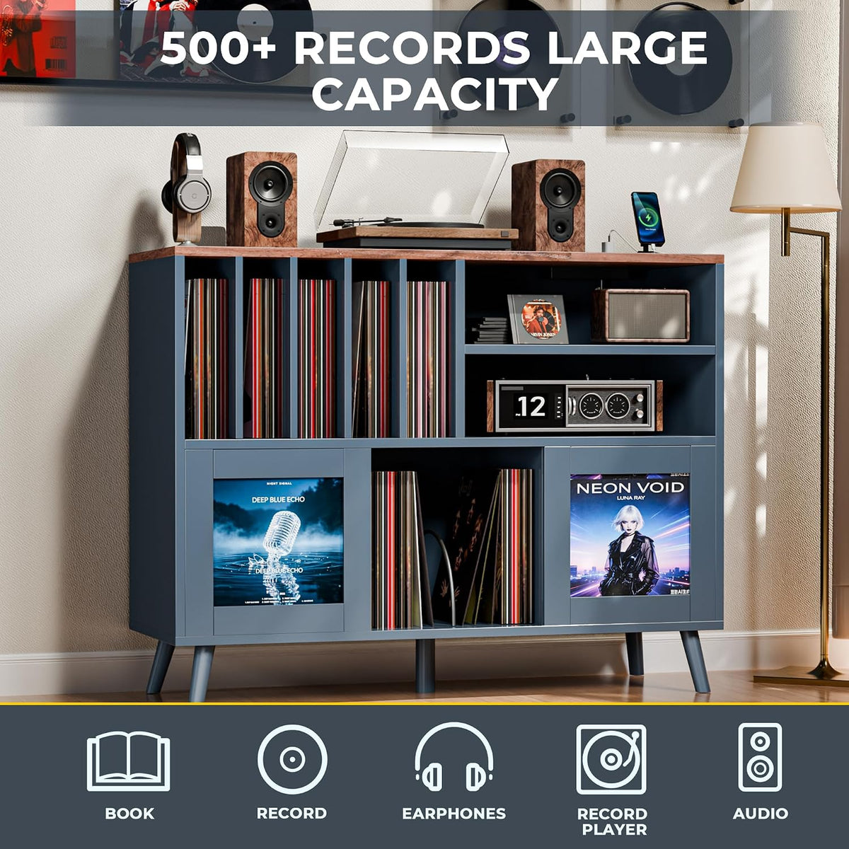 XL Record Player Stand with Sliding Doors,500+ Vinyl Record Storage Cabinet