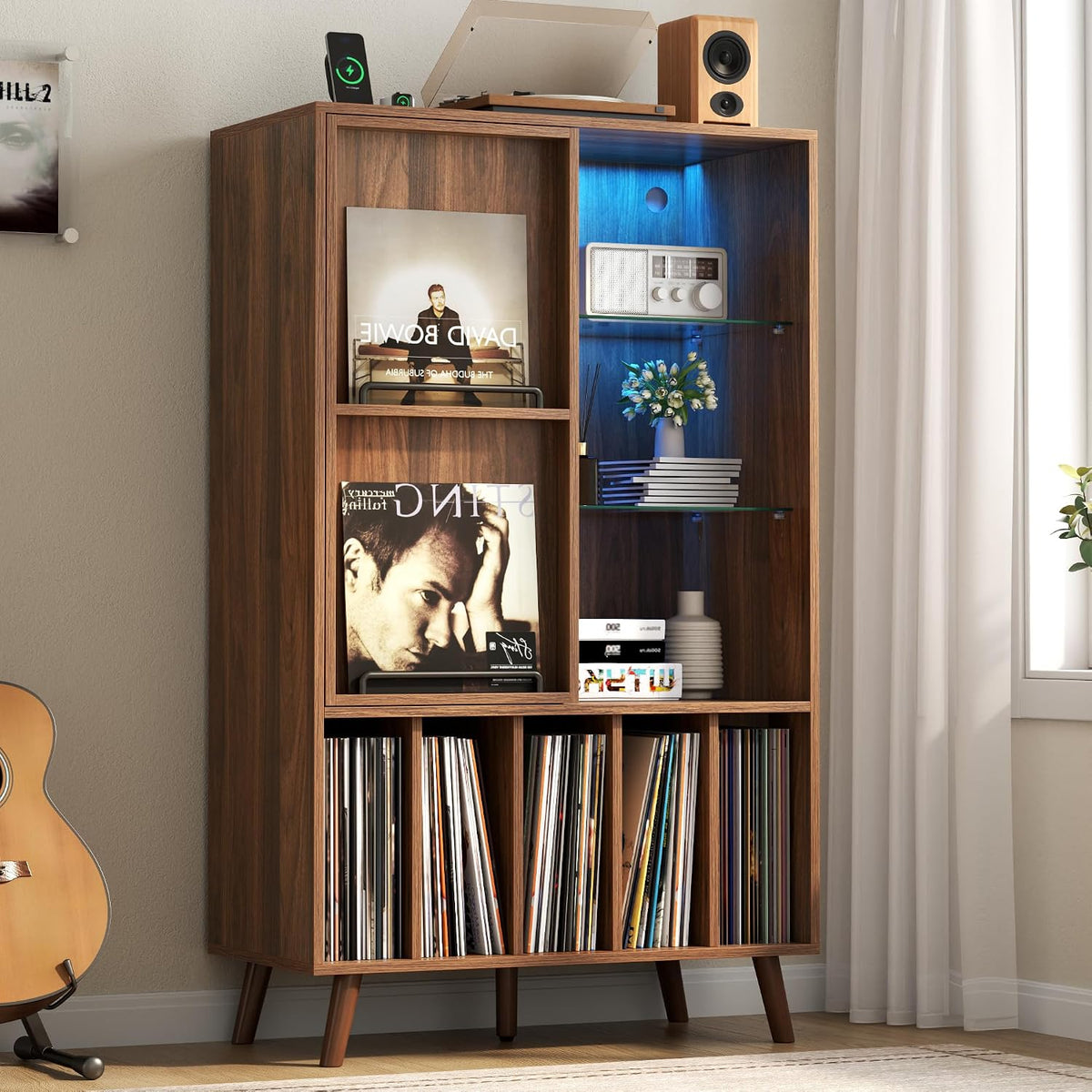 Large Record Player Stand w/Power Outlet & LED Lights, Holds Up 350+ Albums