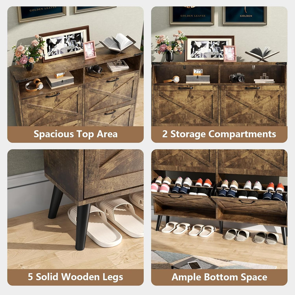 Loomie Shoe Cabinet with 4 Flip Drawers, Farmhouse Shoe Storage Cabinet with 2 Open Cubbies, Freestanding Narrow Hidden Shoe Rack Organizer with Solid Wood Legs for Entryway, Hallway (Rustic Brown)