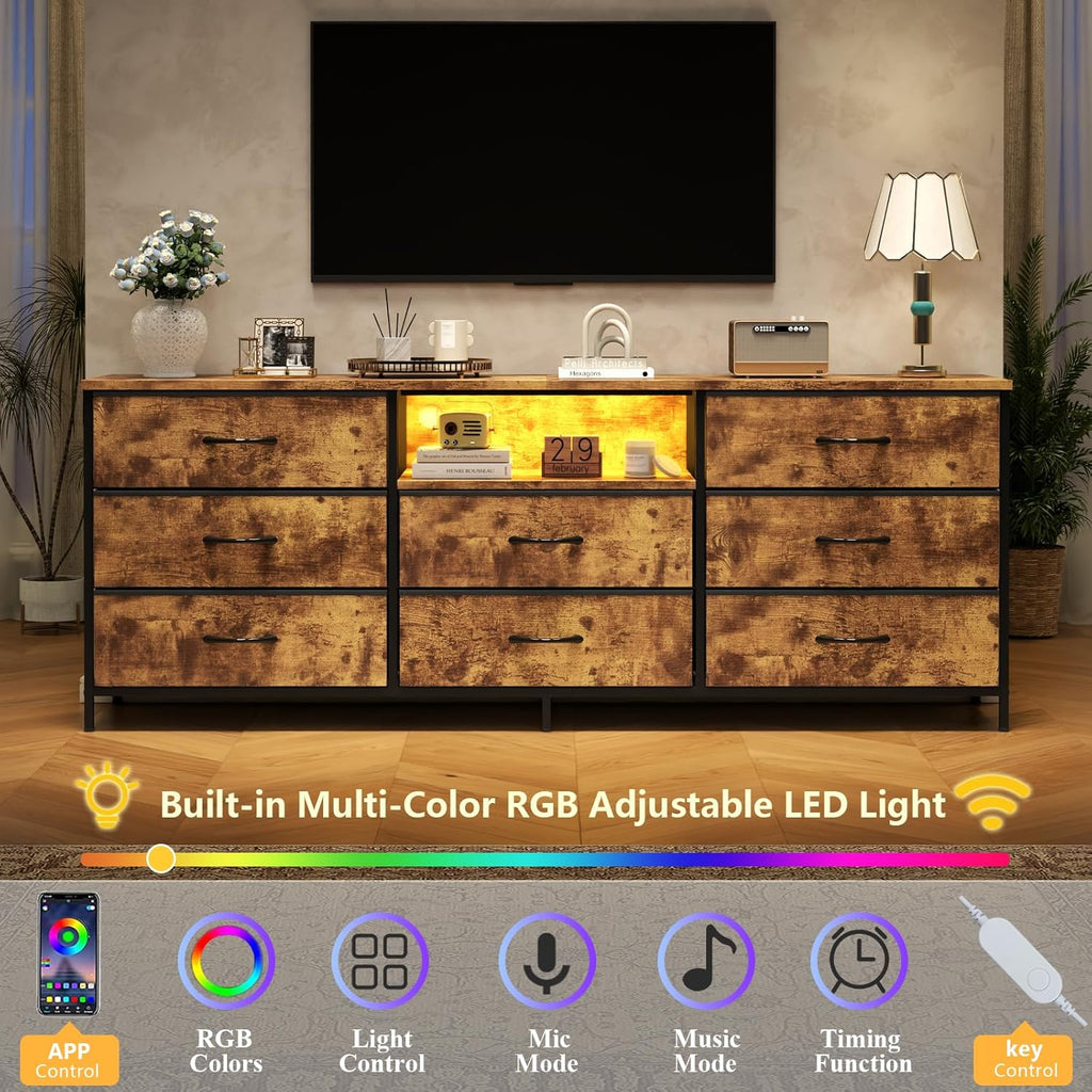 Loomie 63 Inch Dresser for Bedroom, Wide Long Fabric Dresser with LED Lights & 8 Drawers, Large TV Stand for 55, 65, 70 Inch TV, Entertainment Center with Storage (Rustic Brown)