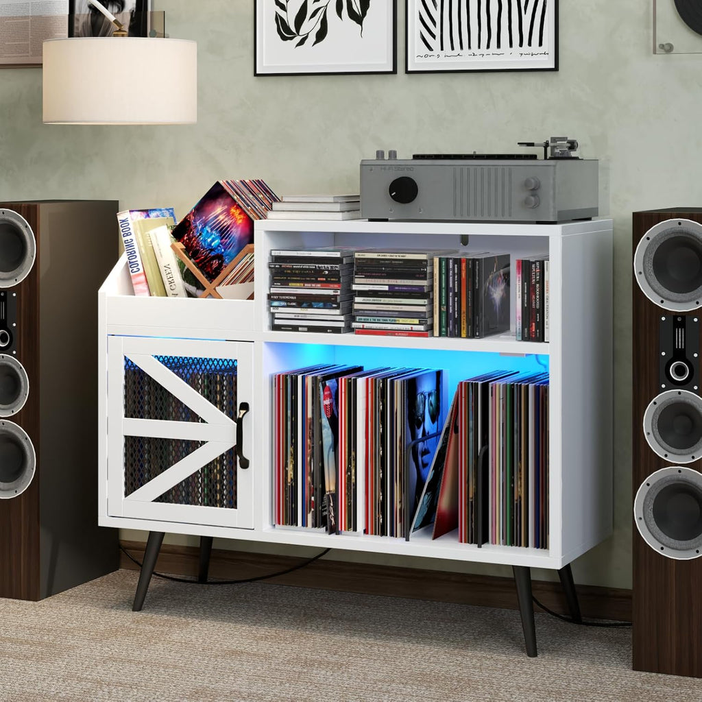 Large White Record Player Stand with Magnetic Door,350 Vinyl Record Storage Cabinet, Record Player Table with Power Outlet and LED Light,Turntable Stand with Wood Legs for Living Room