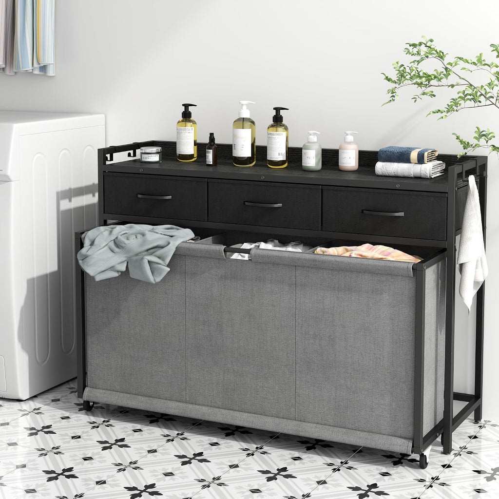 Laundry Hamper Laundry Basket with 3 Section 250L Pull-Out Rolling Bags