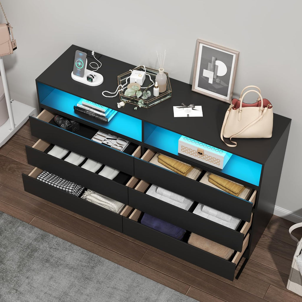 Loomie 6 Drawer Dresser for Bedroom, Wide Chest of Drawers with Charging Station and LED Lights, Traditional Bedroom Furniture, Modern Storage Dresser TV Stand for Living Room (Black)