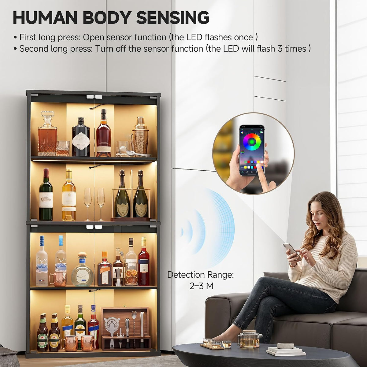 Corner Wine Bar Cabinet w/7 Color LED Lights & Human Body Sensor, 4-Tier Tall Home Liquor Coffee Bar Cabinet with Tempered Glass Doors,Curved Profile Design, Alcohol Cabinet Storage for Living Room