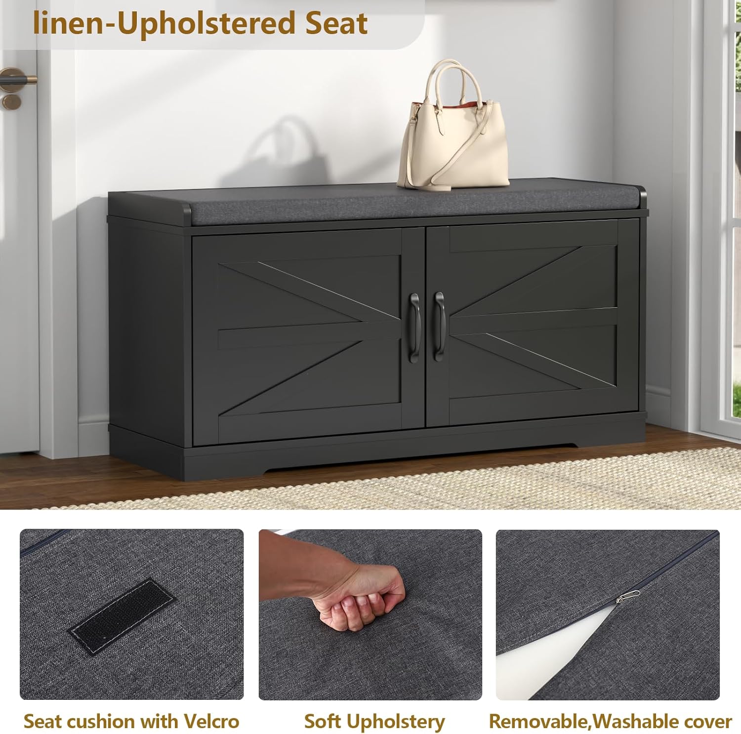 Loomie Shoe Storage Bench, 2-Tier Farmhouse Entryway Bench with Padded Seat Cushion, 13.78" D x 39.37" W x 19.69" H, Slim Shoe Cabinet Bench for Entryway, Living Room, Bedroom (Black)