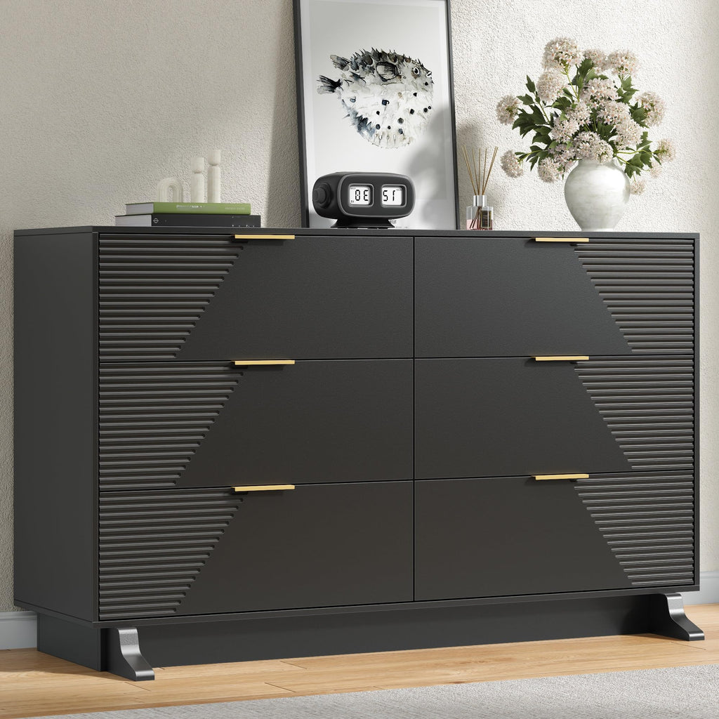 Gyfimoie Dresser for Bedroom, Mid-Century Modern Walnut Chest of 6 Drawers with Asymmetrical Fluted Front, Sturdy Wood Storage Organizer with Anti-Sag Drawer Support & Metal Handles, 47" Wide (Walnut)