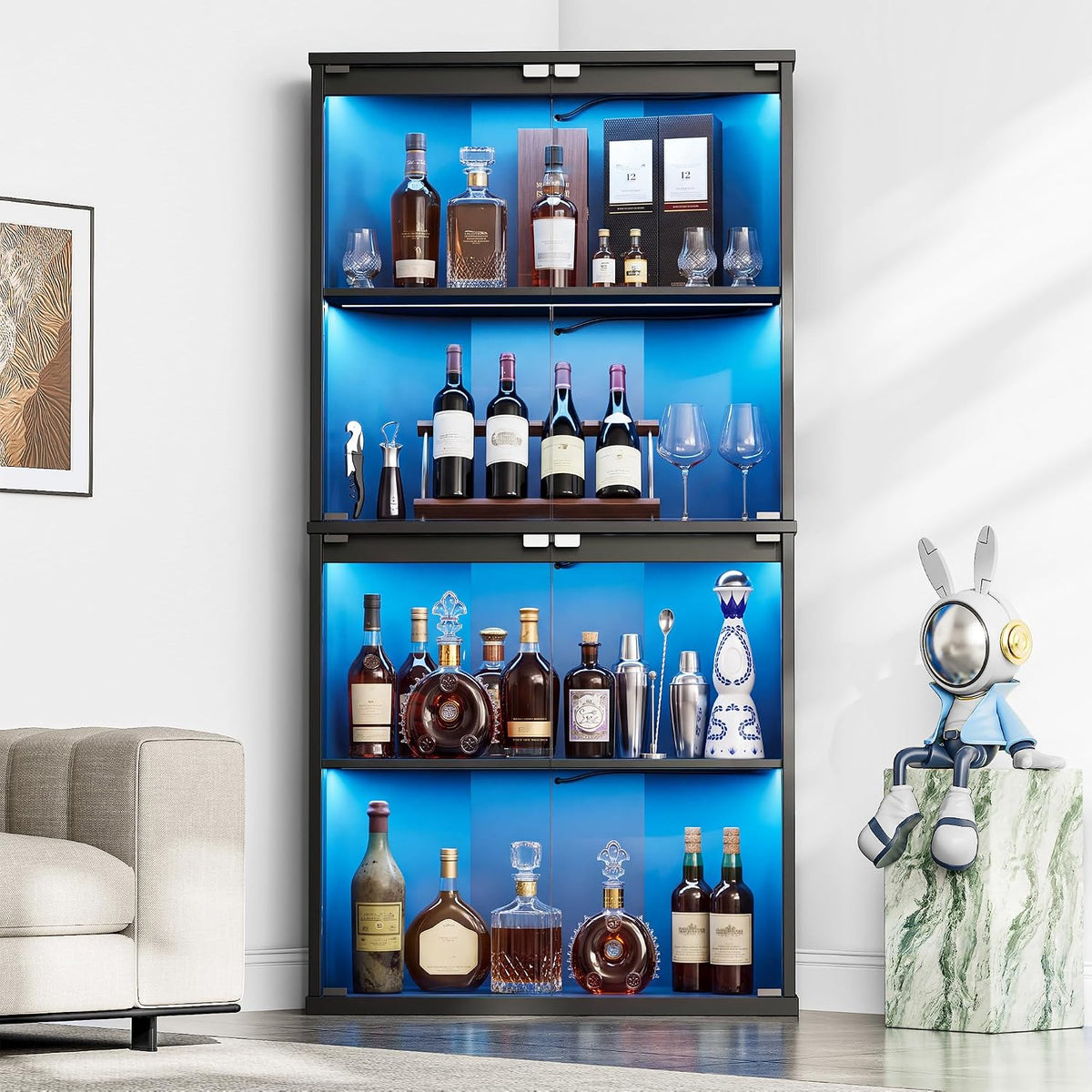 Corner Wine Bar Cabinet w/7 Color LED Lights & Human Body Sensor, 4-Tier Tall Home Liquor Coffee Bar Cabinet with Tempered Glass Doors,Curved Profile Design, Alcohol Cabinet Storage for Living Room