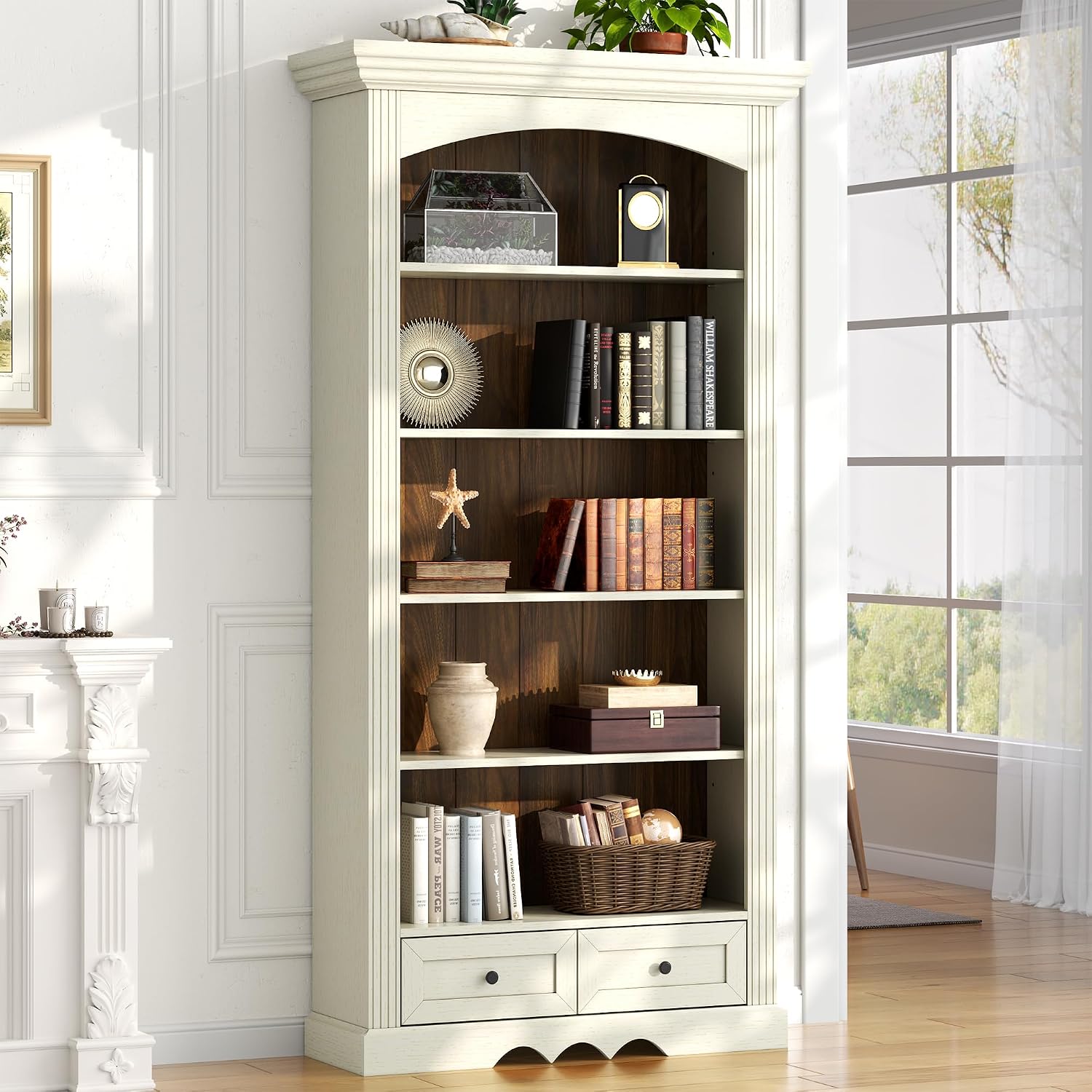 Gyfimoie 71’’ Tall Arched Bookcase with Stroage, Farmhouse 5-Tier Arch Bookshelf with Drawers, Freestanding Book Shelf with Adjustable Shelf and Roman Column Pattern for Home Office (1, White)