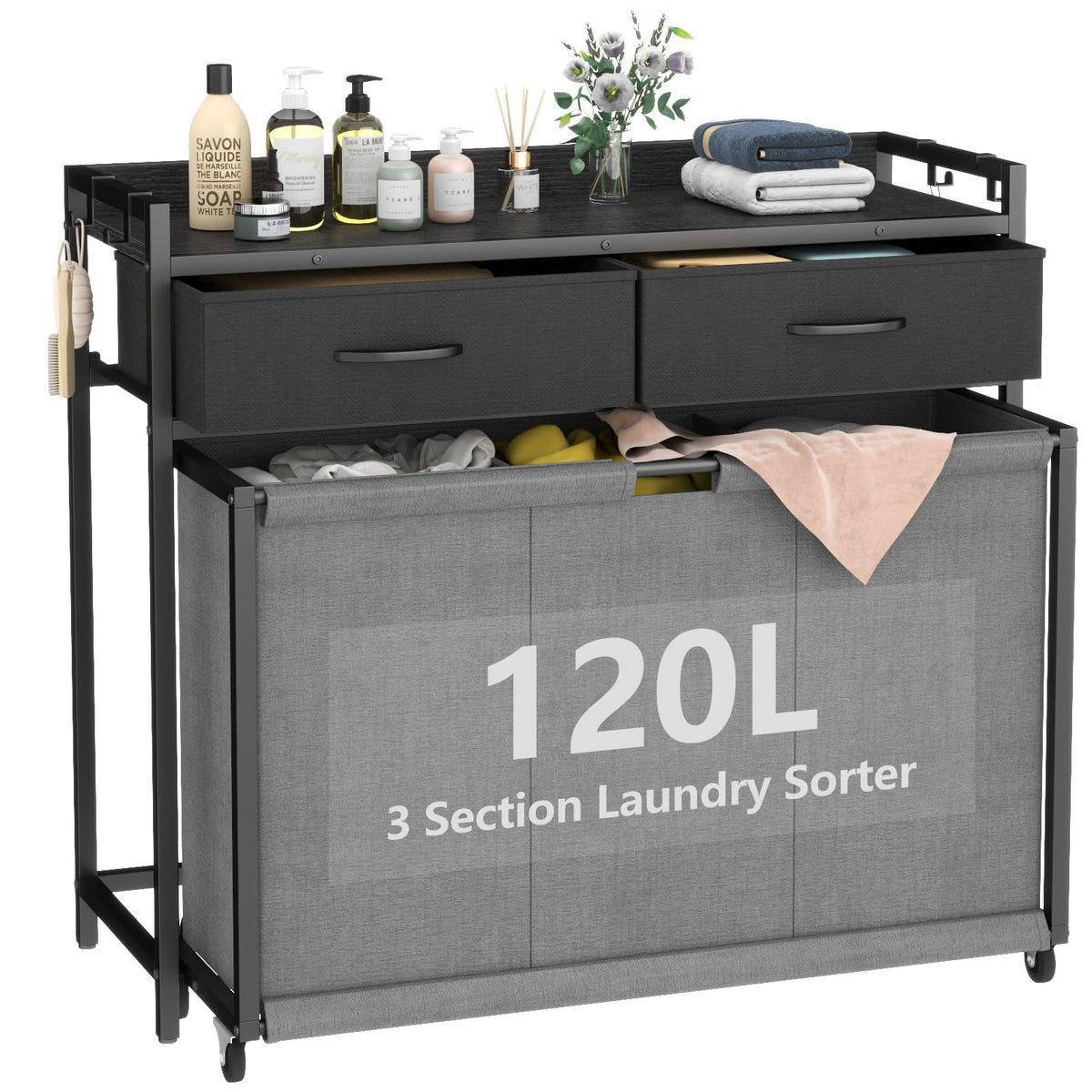 STIKELY L Shaped Laundry Hamper Laundry Basket with 3 Section Pull-Out Rolling Bags & 3-Tier Storage Shelf, Laundry Sorter for Organization and Storage with 2 Drawers for Laundry Room