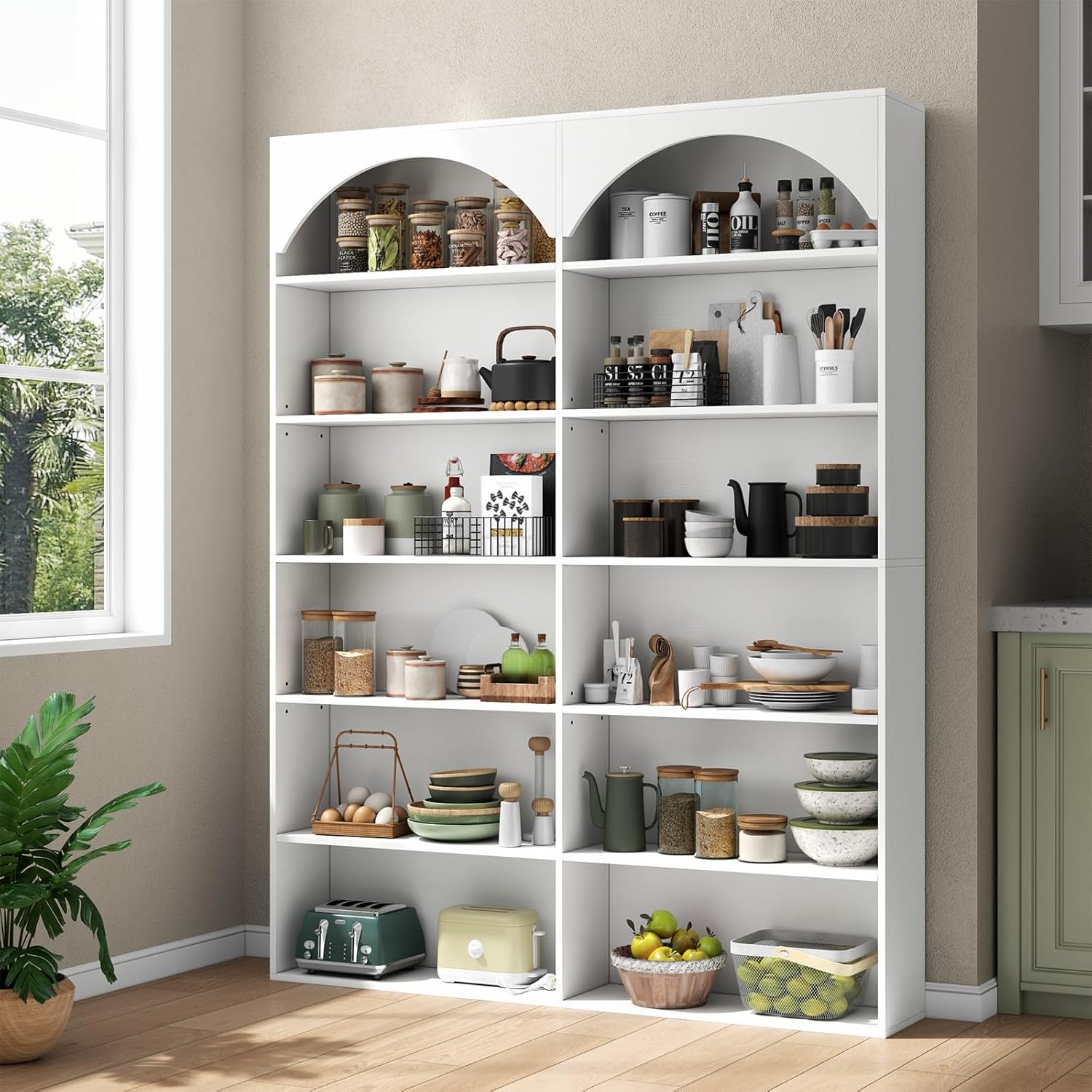 Gyfimoie 70.8’’ Tall Bookshelf and Bookcase, 7-Tier Double Wide Bookcase Modern Large Open Display Shelves with Curved Baffle for Home Office Living Room (White)