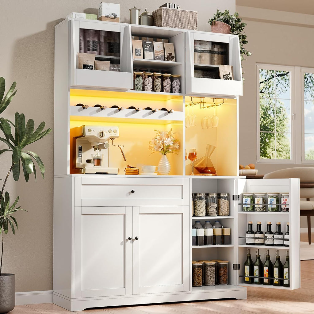 71" Tall Kitchen Pantry Storage Cabinet with 2 Sliding Doors & Outlet,Modern Kitchen Hutch Cabinet with LED Light & Drawers,Wood Food Pantry with Wine Rack & Glass Holder,Cupboard for Dining Room