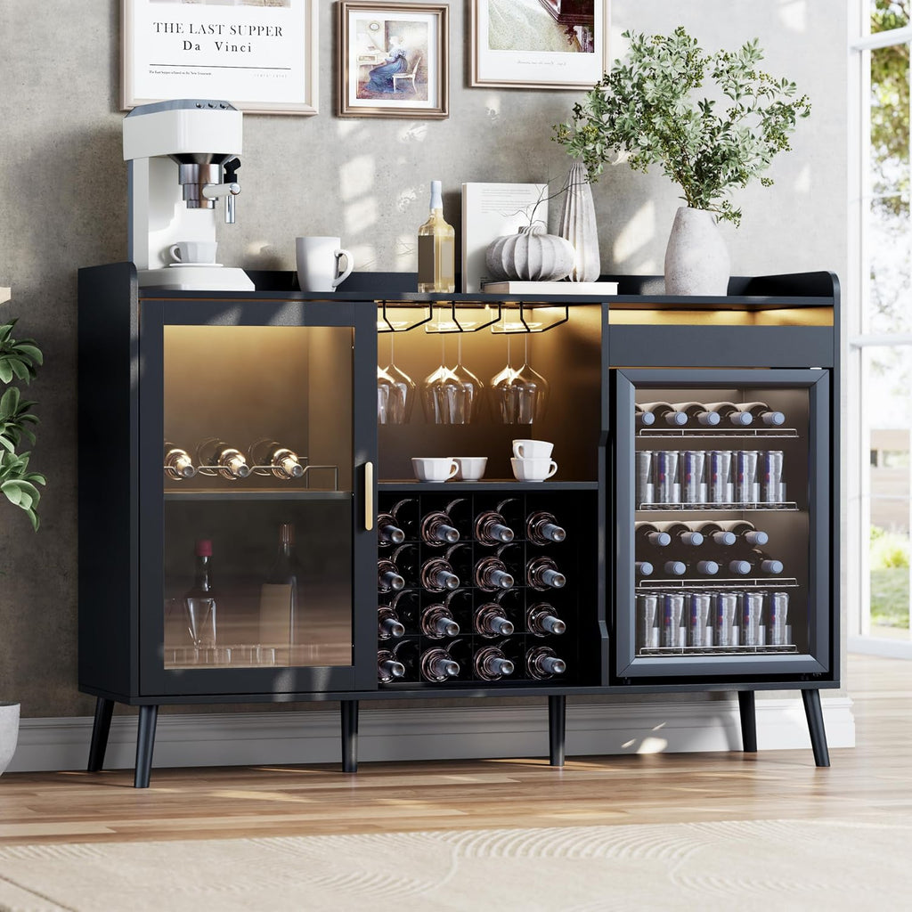 Coffee Bar Cabinet with Open Compartment, Kitchen Coffee Station with Power Outlets & LED Light, Modern Coffee Bar Table with Storage Cabinet, Coffee Bar Furniture for Kitchen, Living Room, Black